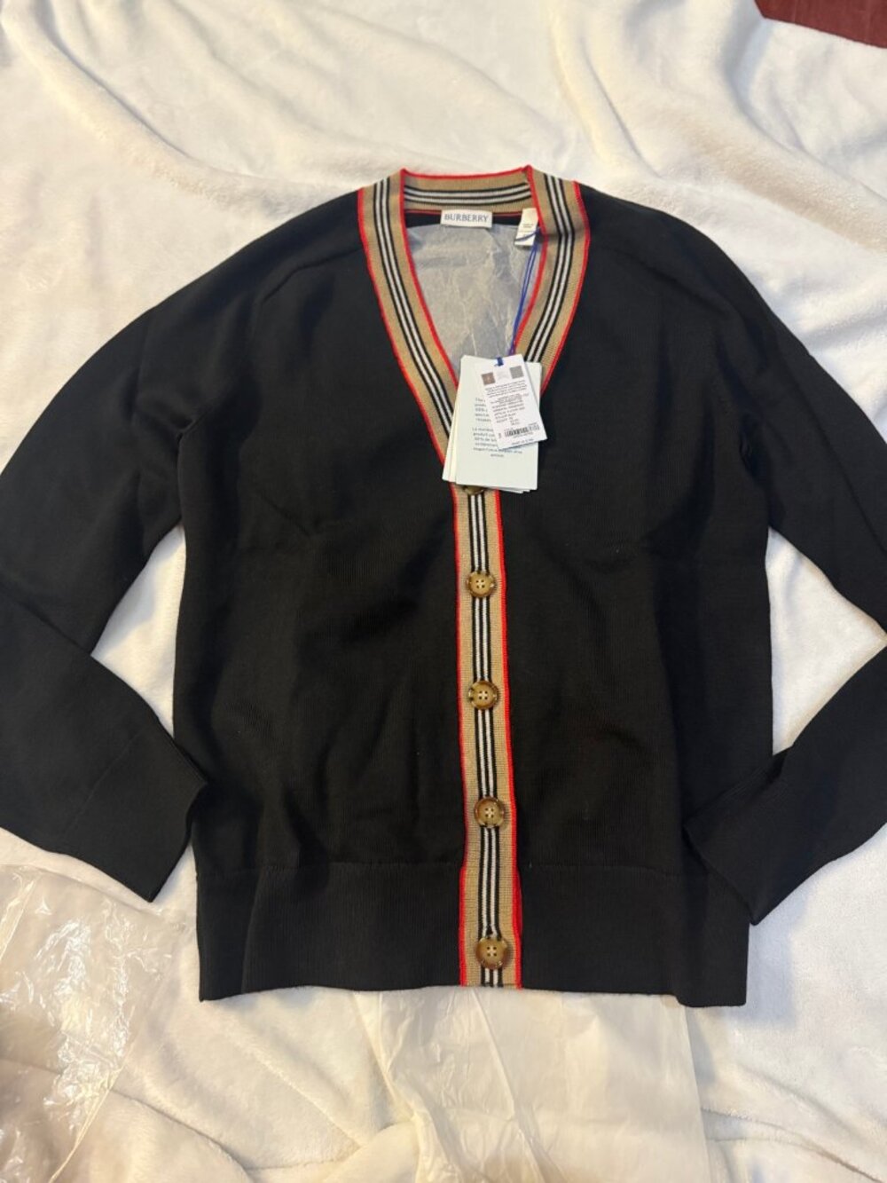 Burberry Women's Black Icon Stripe V-Neck Button Cardigan XS NWT